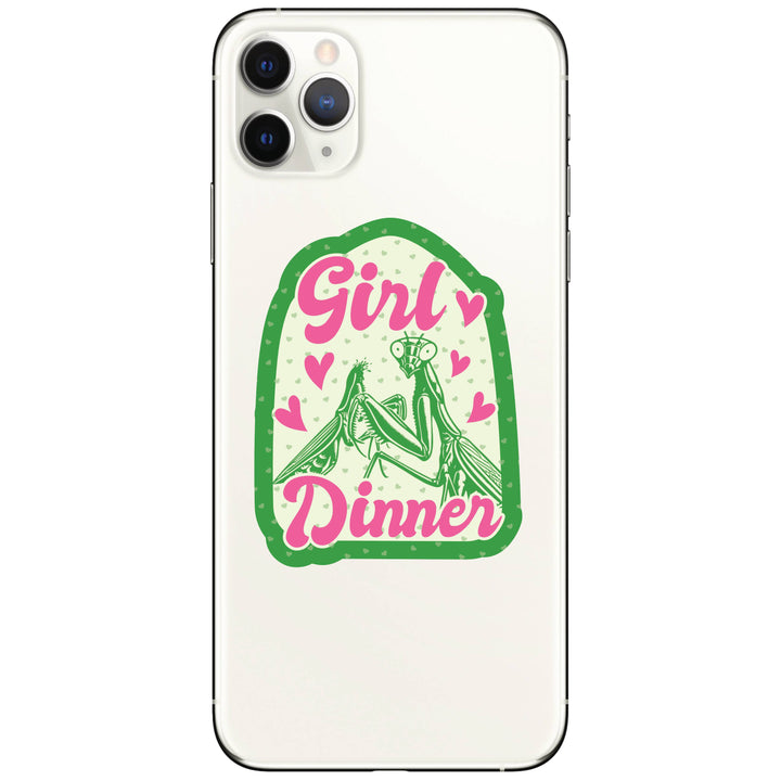 Phone case with 'Girl Dinner' design on a white background