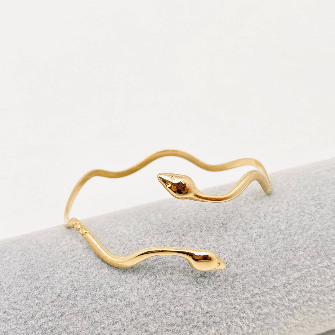 Wave Design Double Headed Snake Cuff Bangle - FGS
