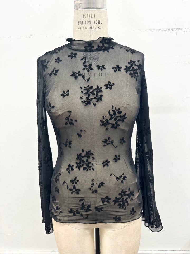 Floral Flocked Mesh Mock Neck Top