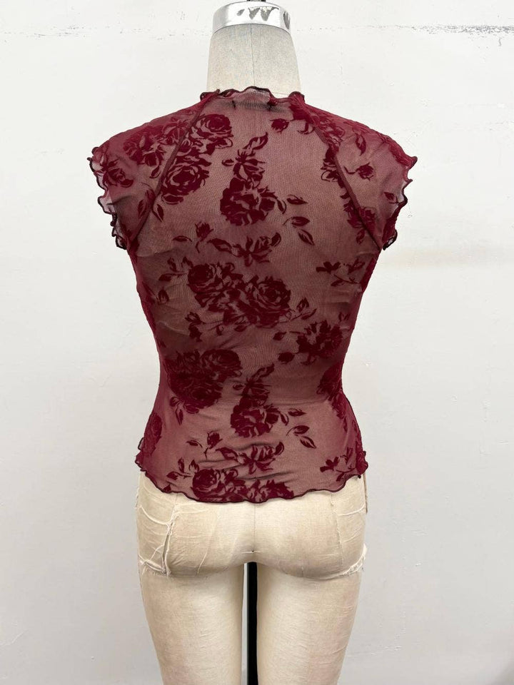 Floral Flocked Mesh Lettuce Trim Top