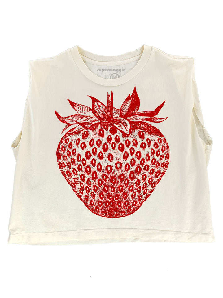 White sleeveless top with red strawberry graphic on a white background
