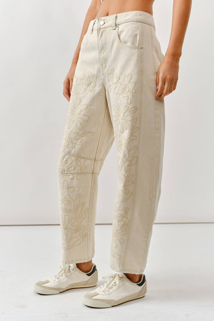 Embroidered Cotton Barrel Pants