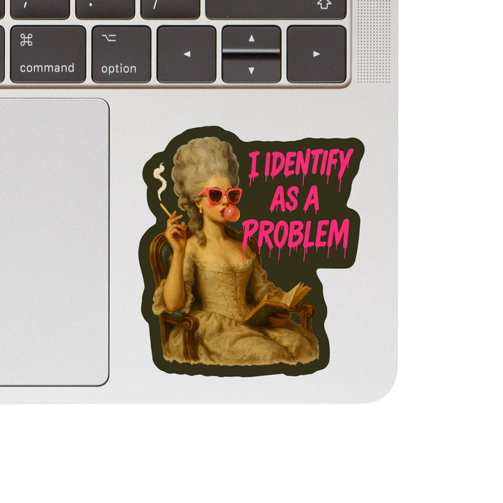 Sticker on a laptop with a vintage-style illustration and text 'I IDENTIFY AS A PROBLEM' on a white background.