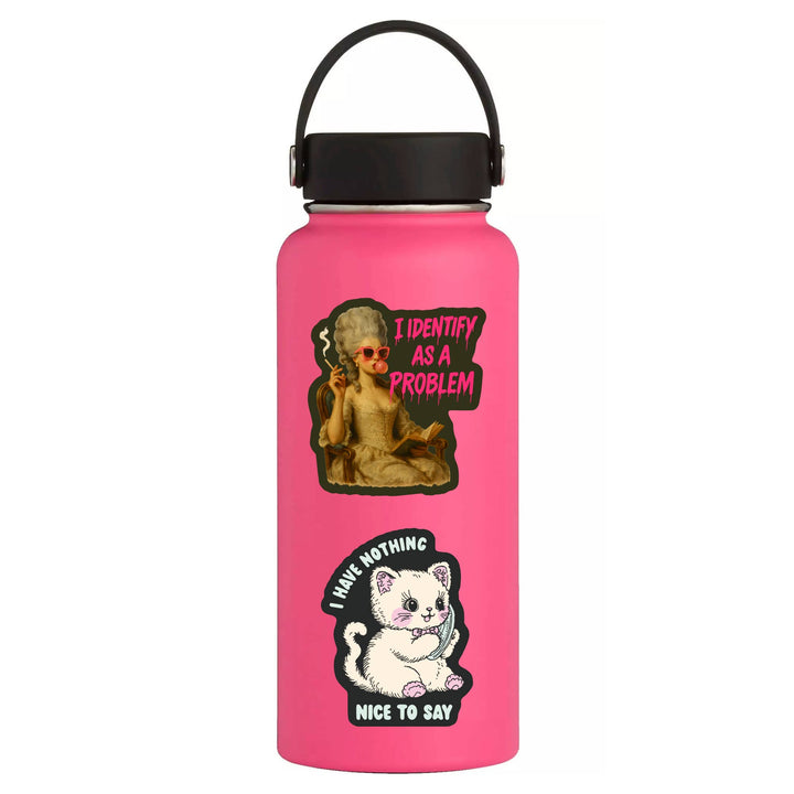 Pink water bottle with stickers featuring text and animal illustrations on a white background
