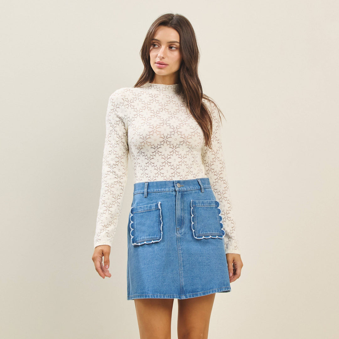 Mockneck stretchy knit bodysuit long sleeve semi sheer top