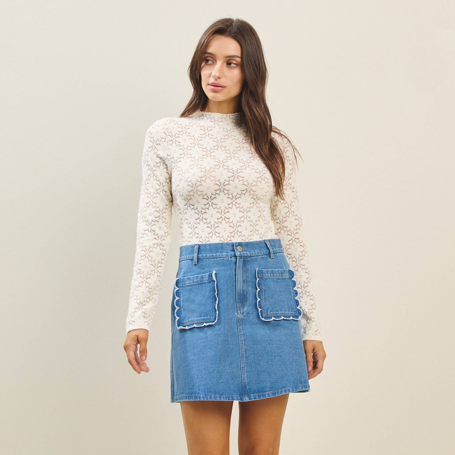 Mockneck stretchy knit bodysuit long sleeve semi sheer top