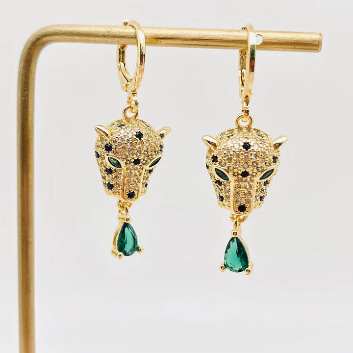 Green Eye Leopard Huggie Earrings