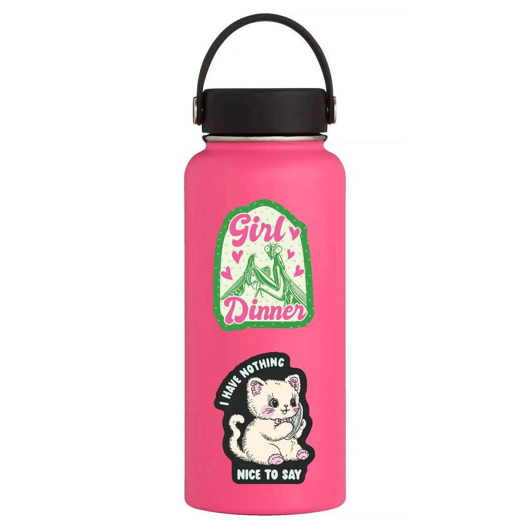 Pink water bottle with graphics and text on a white background