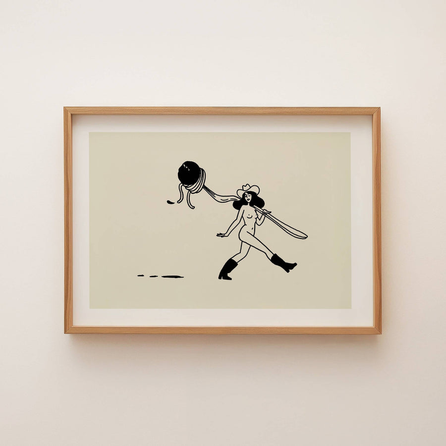 Framed artwork of a stylized illustration on a beige background