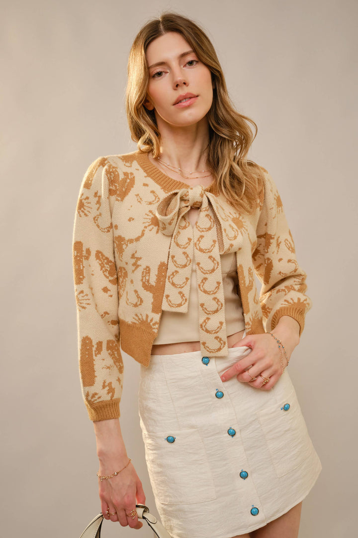 Western Motif Tie Front Cardigan