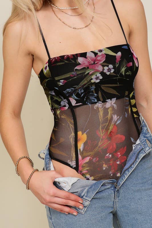 Floral Mesh Corset Bodysuit