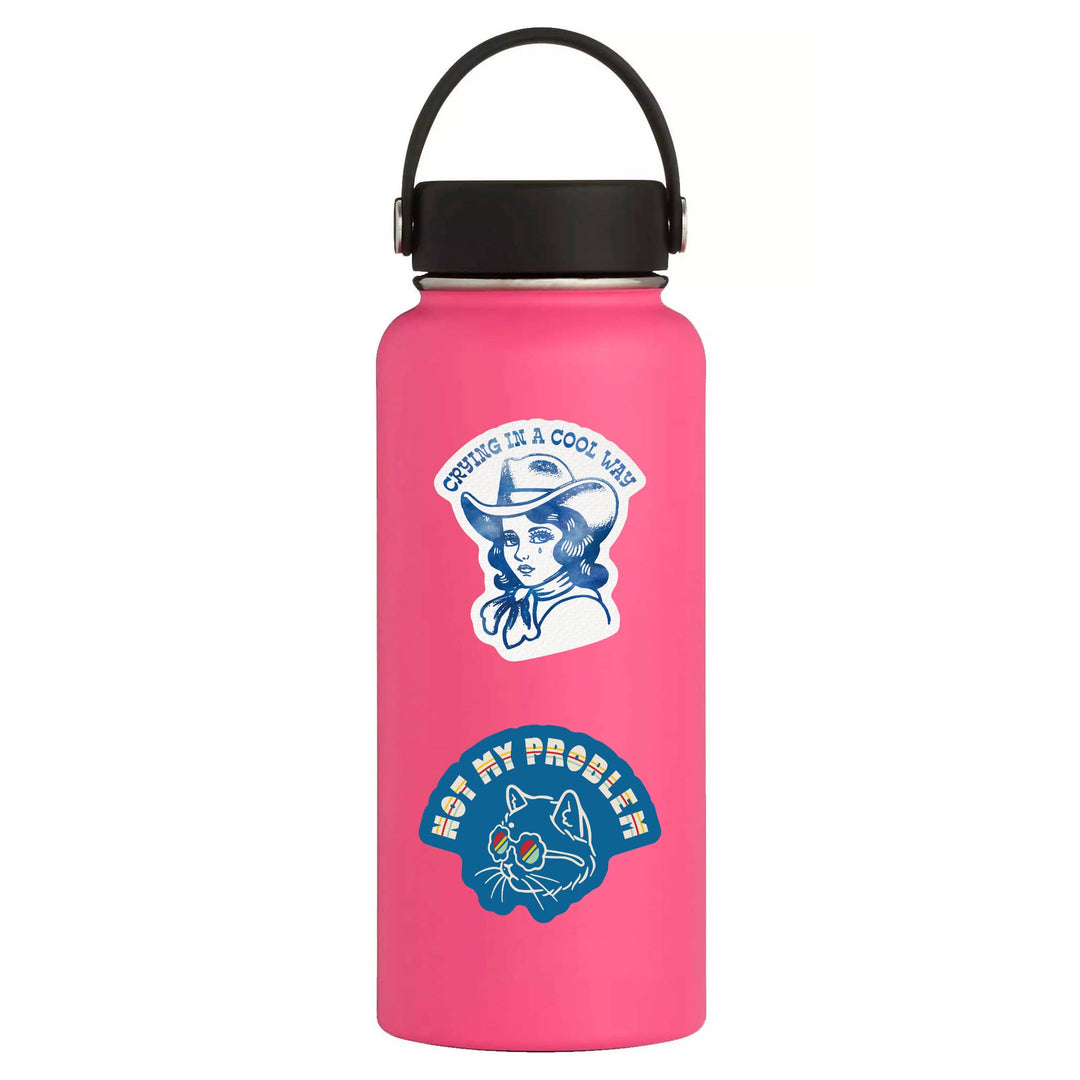 Pink water bottle with graphics and text on a white background