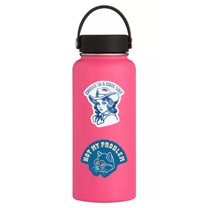 Pink water bottle with graphics and text on a white background