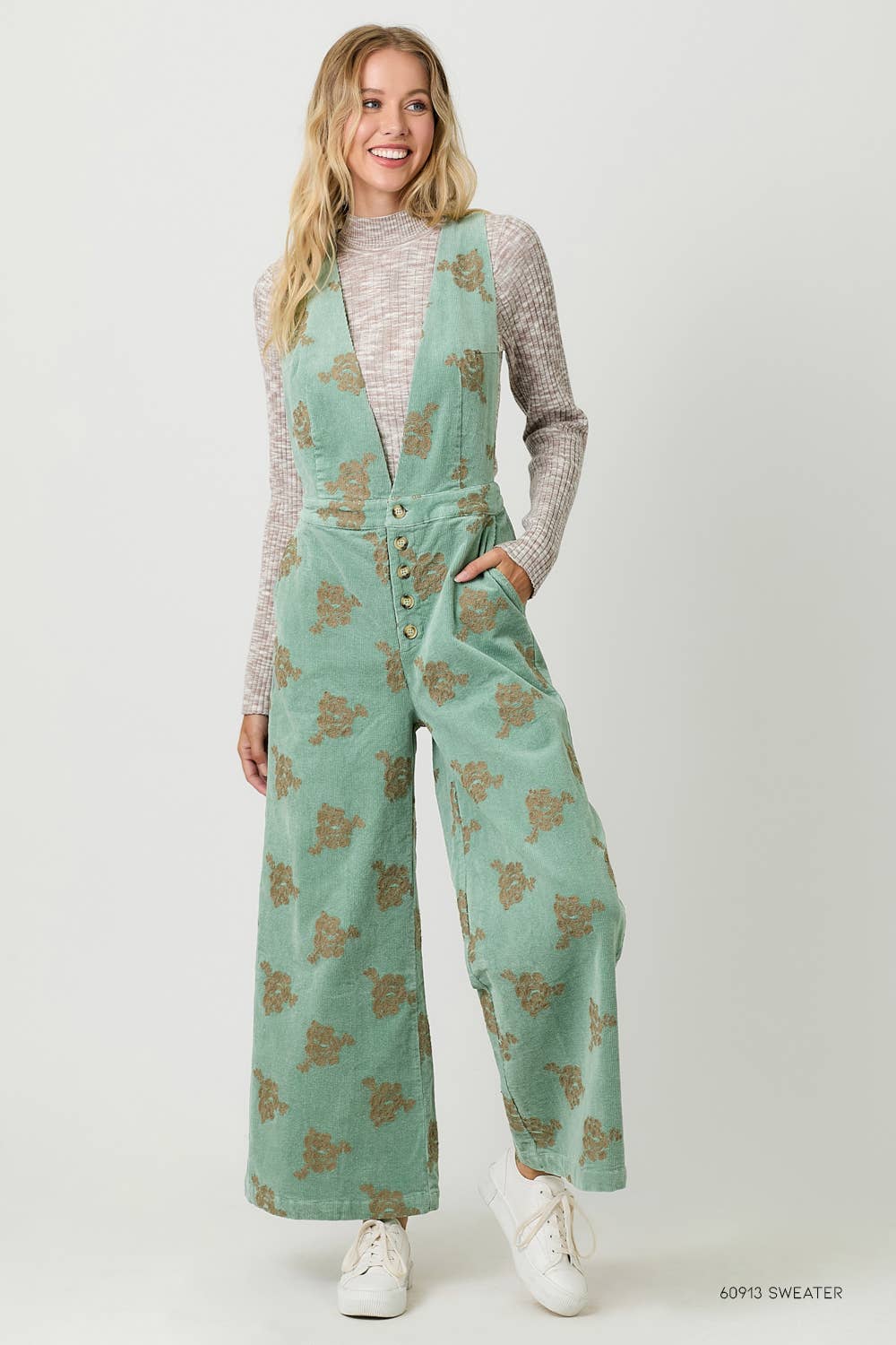Embroidered Seafoam Corduroy Jumpsuit