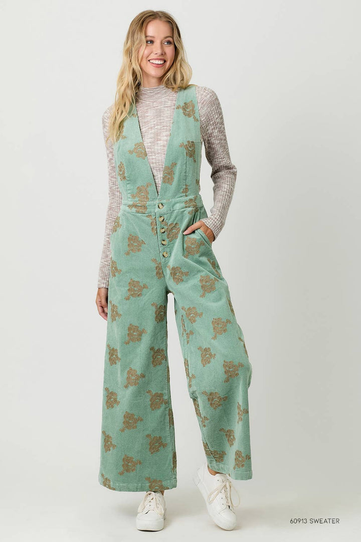 Embroidered Seafoam Corduroy Jumpsuit