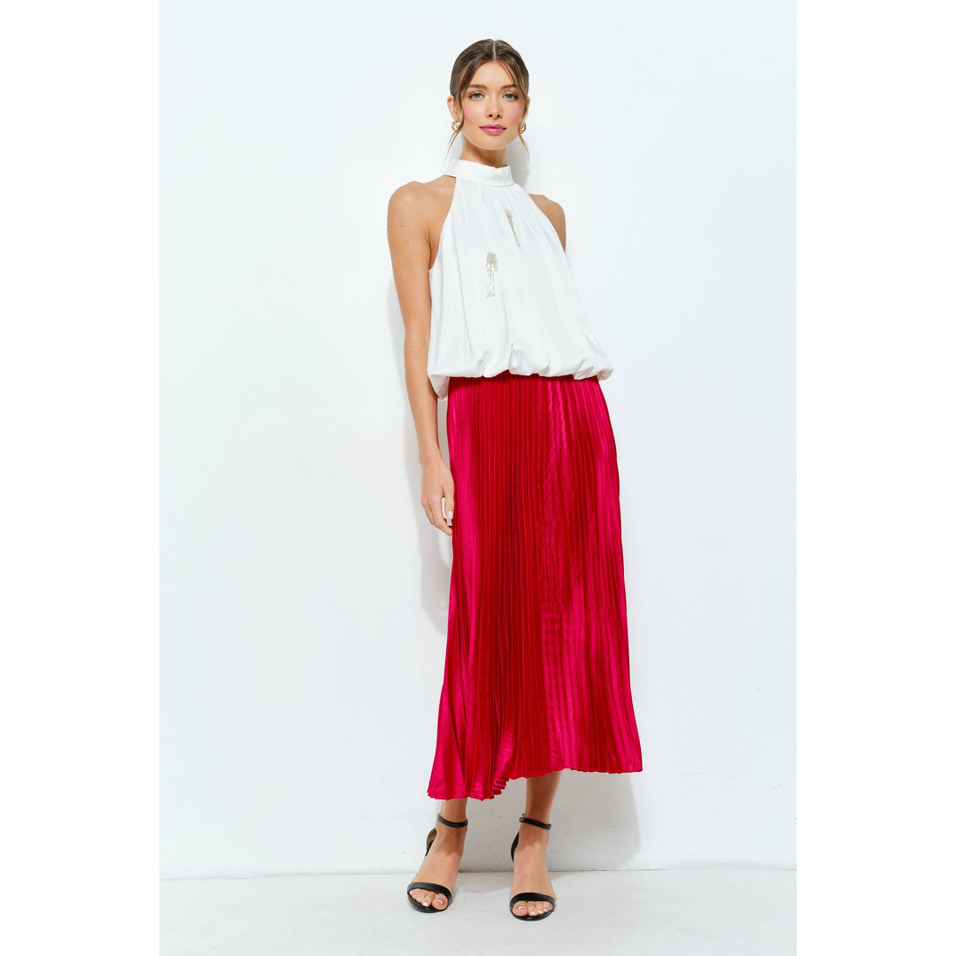 High Waist Satin Pleated Long Skirt