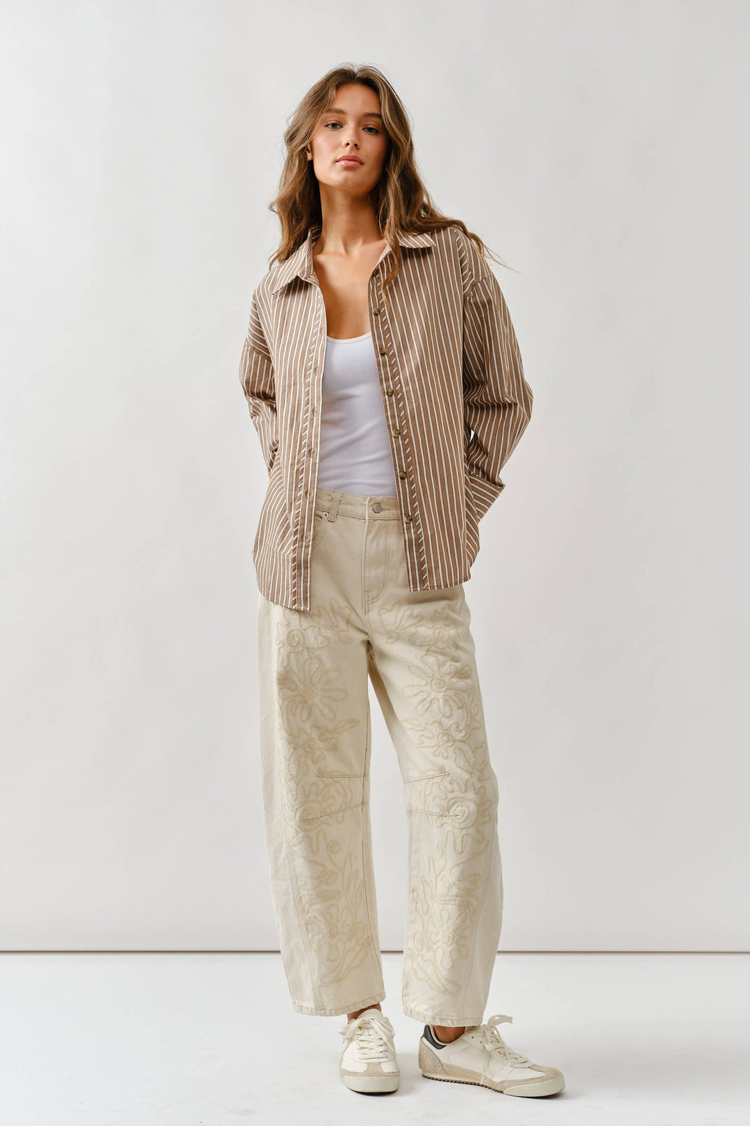 Embroidered Cotton Barrel Pants