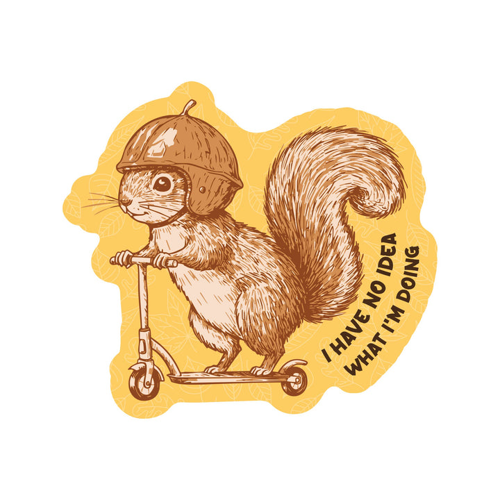 Illustration of a squirrel on a scooter with text on a yellow background