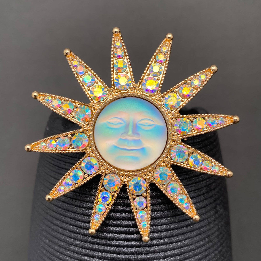Gold Rhinestone Sun Brooch