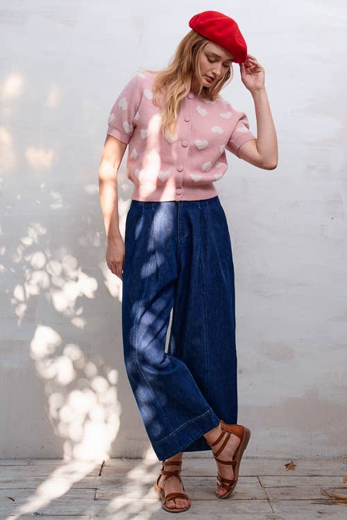 BUTTON DOWN HEART PRINT KNIT TOP