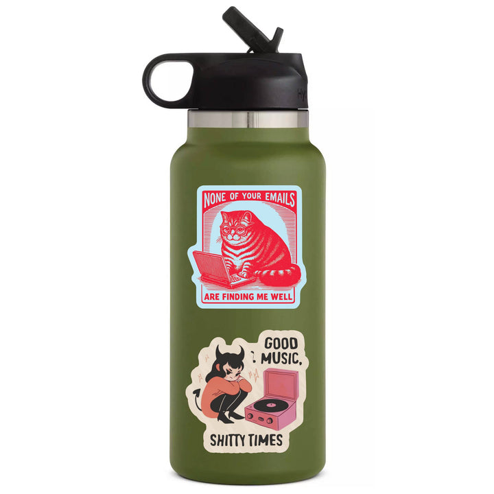 Green water bottle with cat-themed stickers on a white background