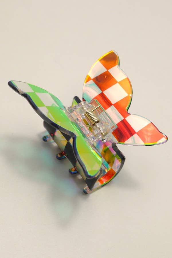 Holographic Checker Butterfly Hair Claw Clip