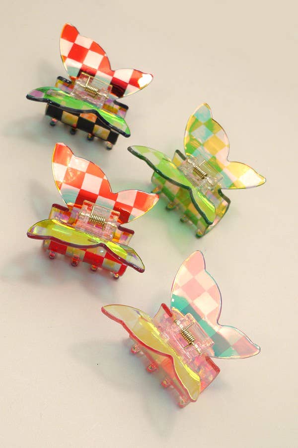 Holographic Checker Butterfly Hair Claw Clip