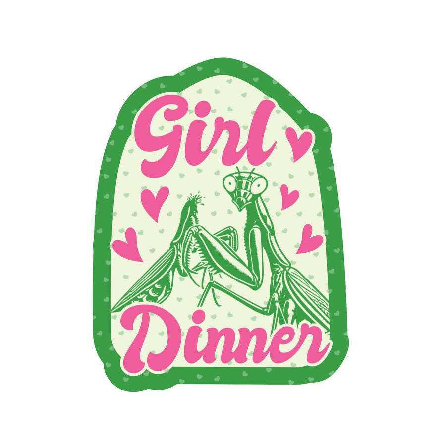 Sticker with praying mantis illustration and 'Girl Dinner' text on a white background