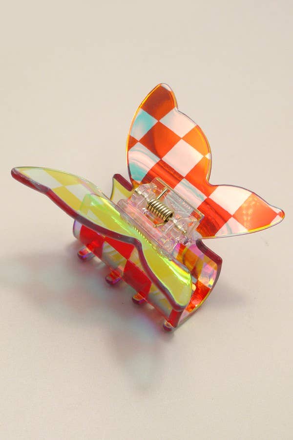 Holographic Checker Butterfly Hair Claw Clip