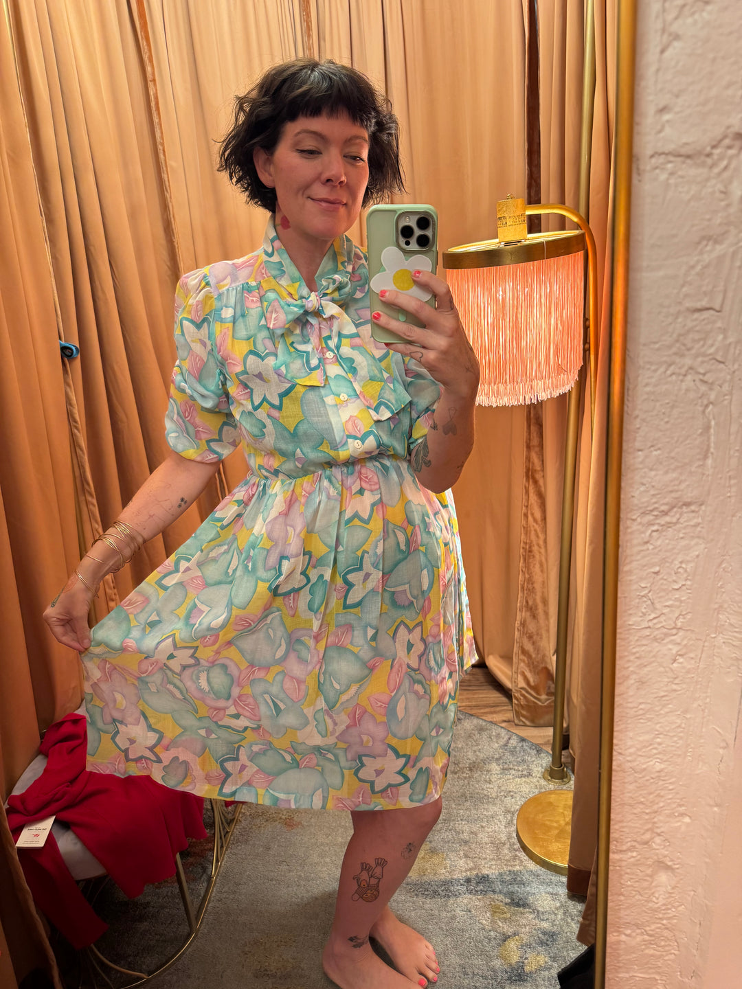 Vintage Avon Fashions Pastel Floral Dress – 1980s Bow Collar Midi