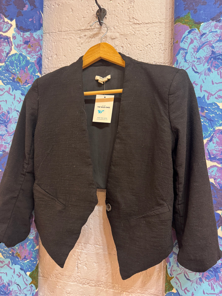 Gently loved black cropped blazer jacket with open front and tailored fit