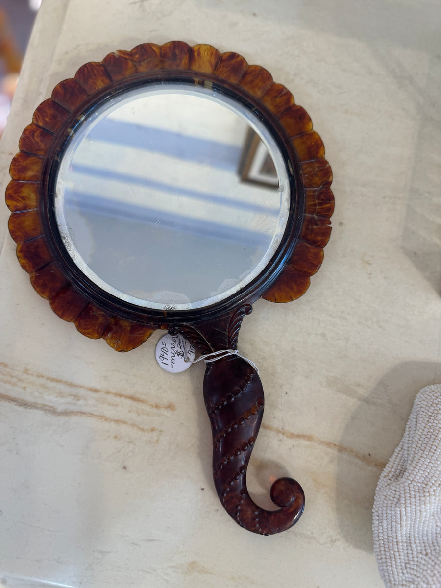 1940s Vintage Celluloid Hand Mirror – Tortoise Shell Look