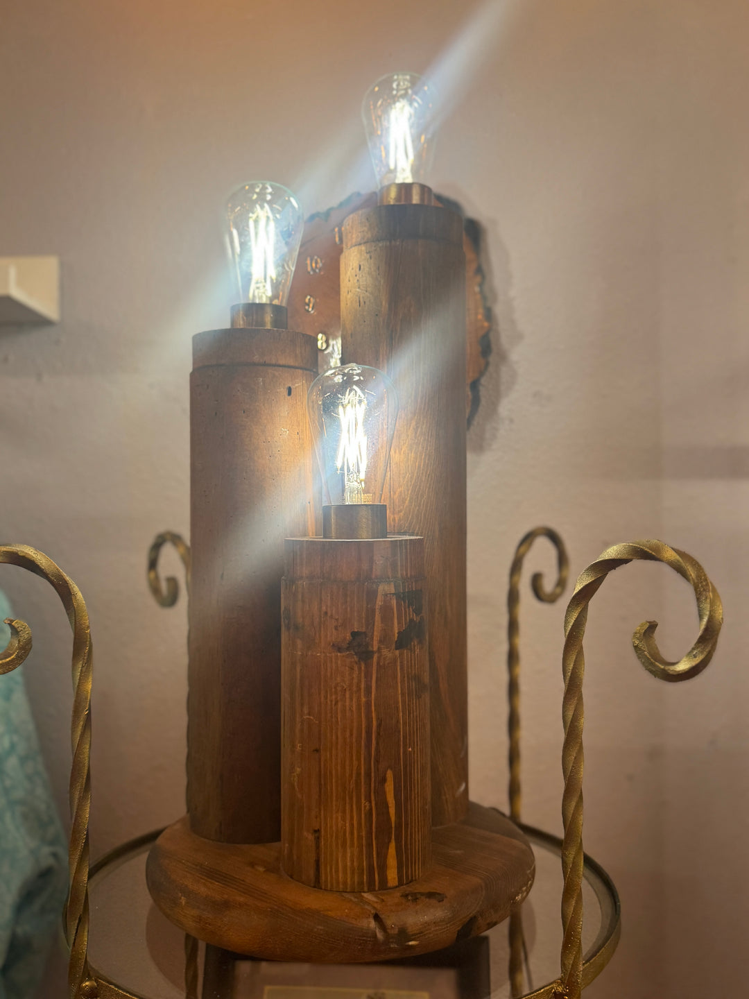 Vintage Rustic Wood Column Lamp with Edison Bulbs