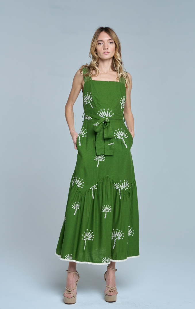 Sadira Embroidered Tie Belt Tiered Sundress