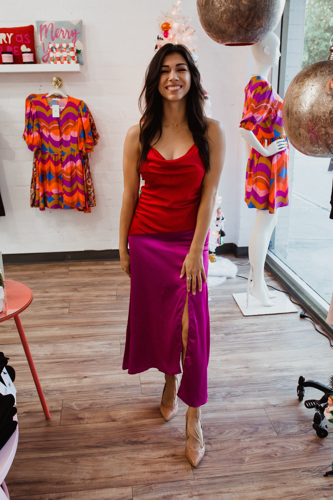 She+ Sky-Purple and Red Silk Dress