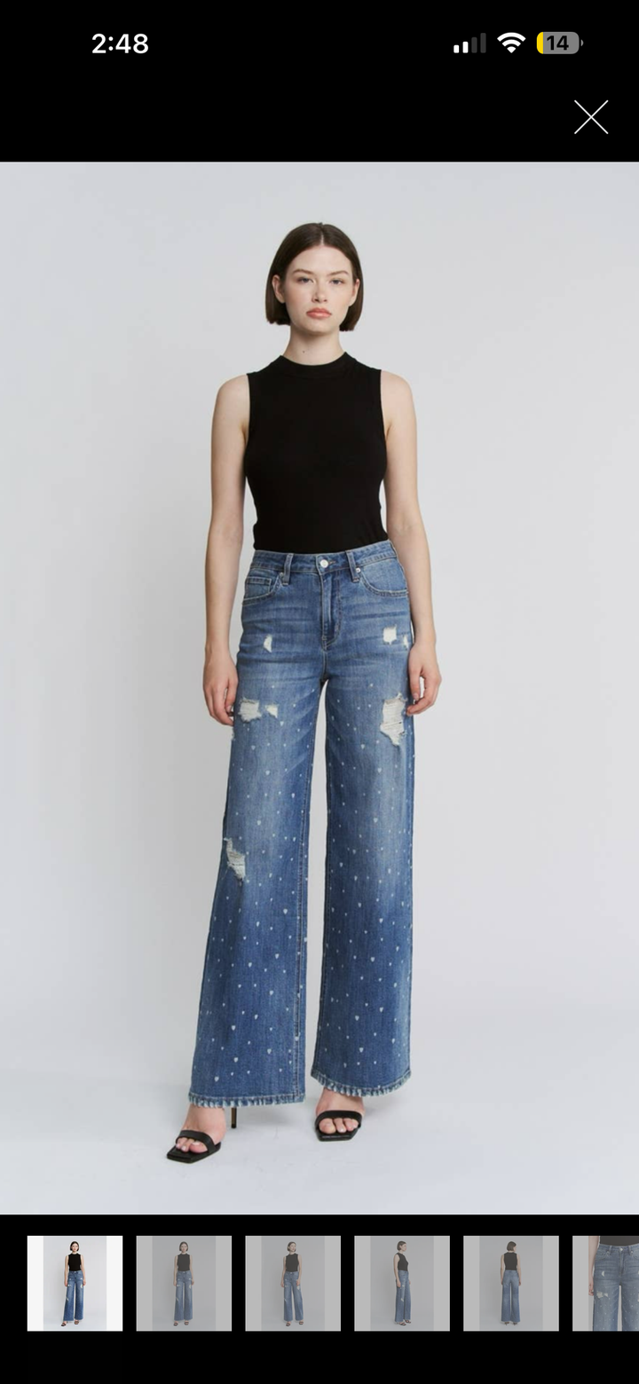 High-Rise Wide Leg Heart Print Jeans