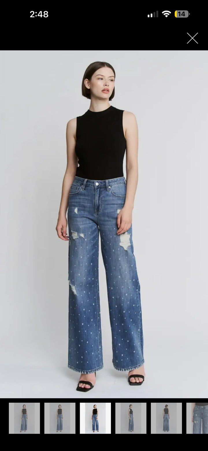 High-Rise Wide Leg Heart Print Jeans