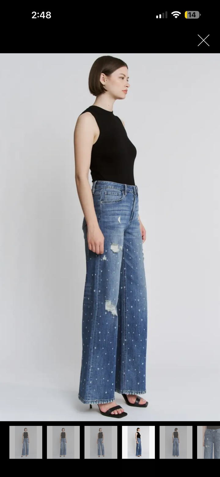 High-Rise Wide Leg Heart Print Jeans