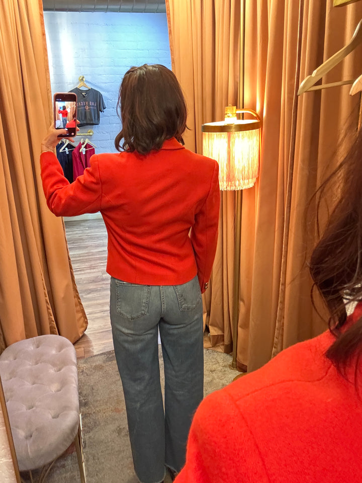 Vintage-Inspired Red Blazer with Gold Buttons