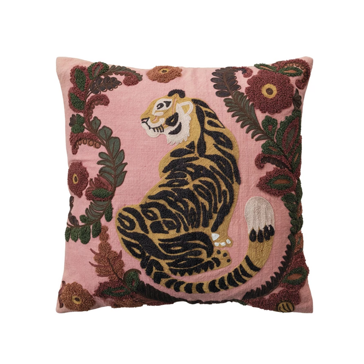 Embroidered Tiger & Flowers Pillows