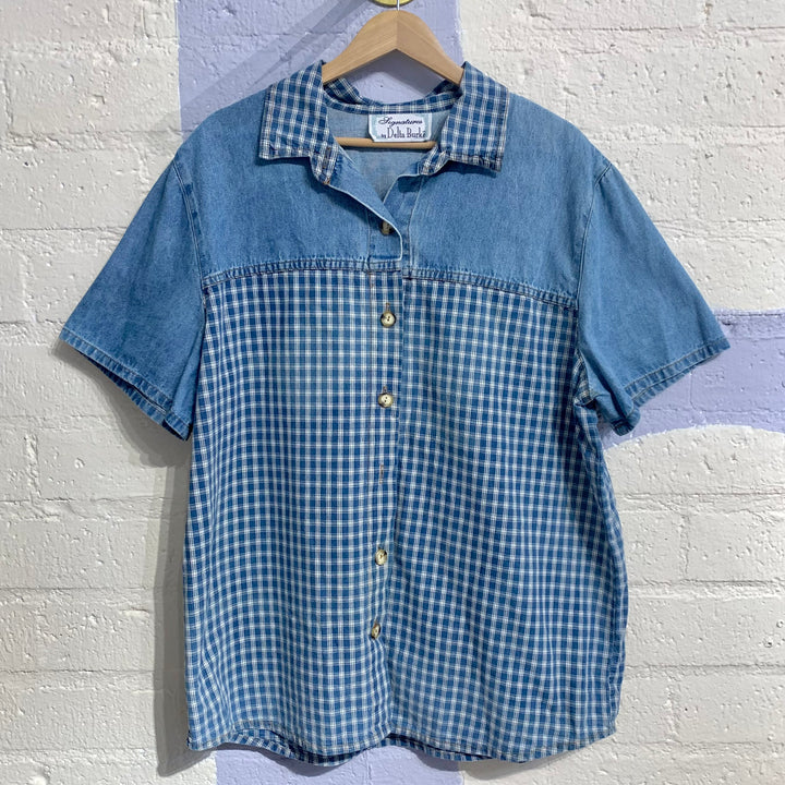 Vintage Denim & Blue Gingham Button-Down Shirt