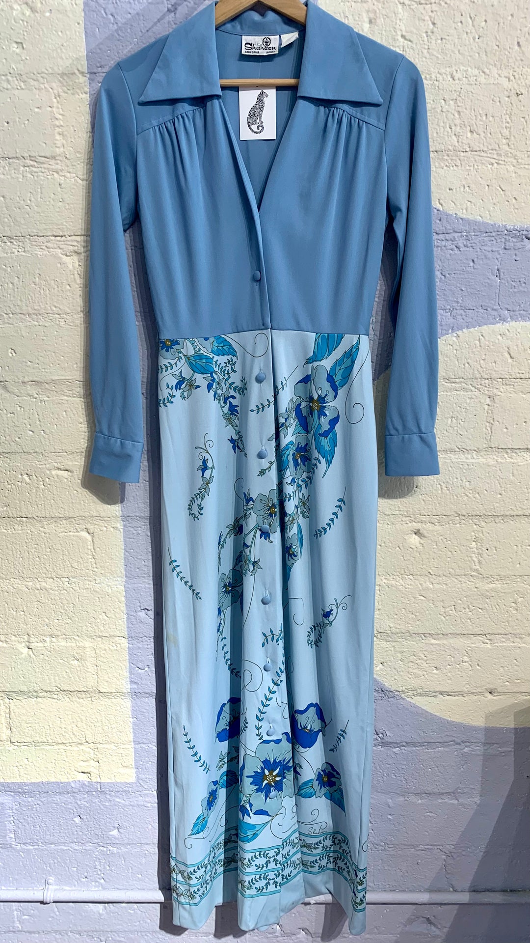 Vintage Long Sleeve Blue Floral Dress