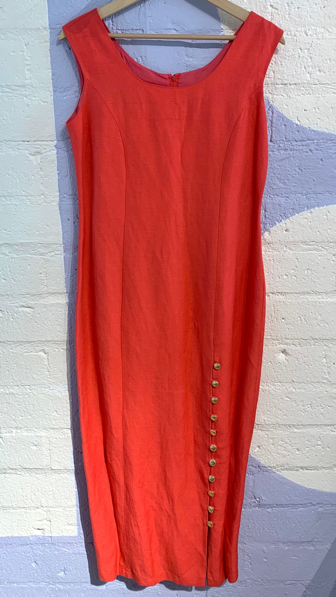 Vintage Coral Red Maxi Dress w/ Button Slit