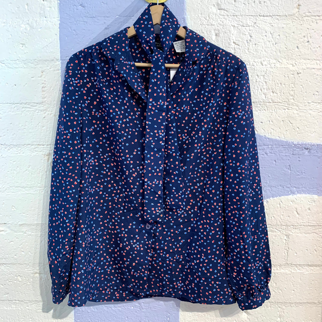 Vintage Navy Blue Dot Blouse with Scarf