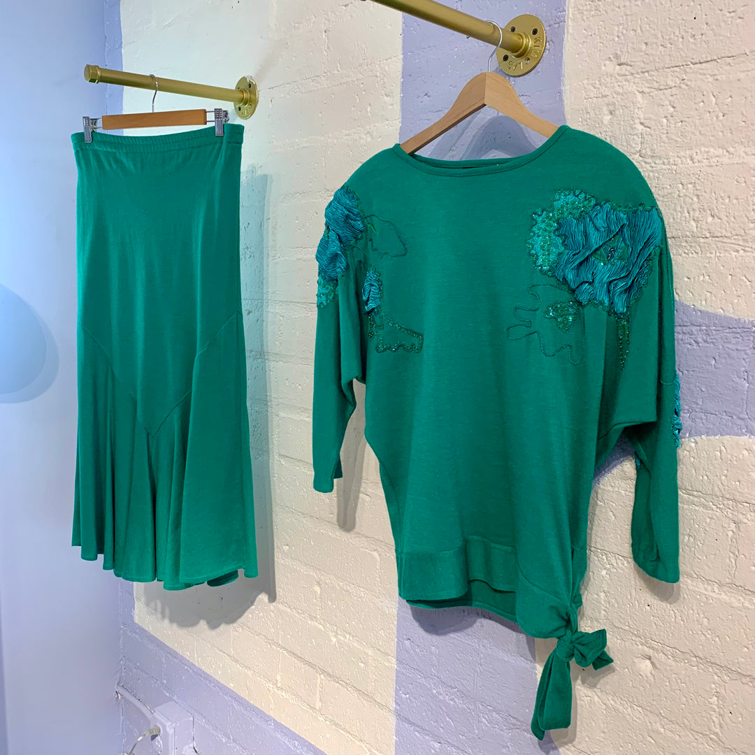Vintage Green Two-Piece Skirt Set