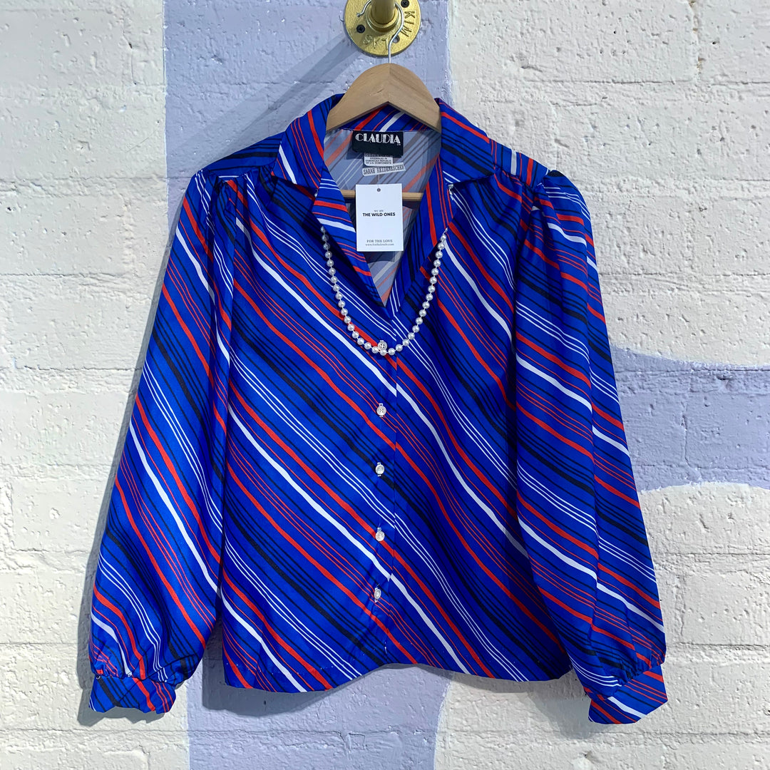Vintage Striped Blouse w/ Pearl Necklace