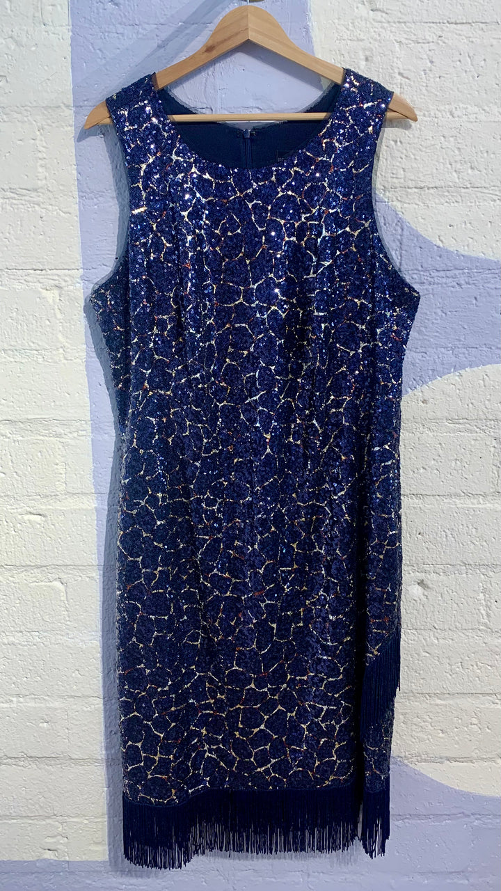 Vintage Navy Blue Sequin Fringe Dress
