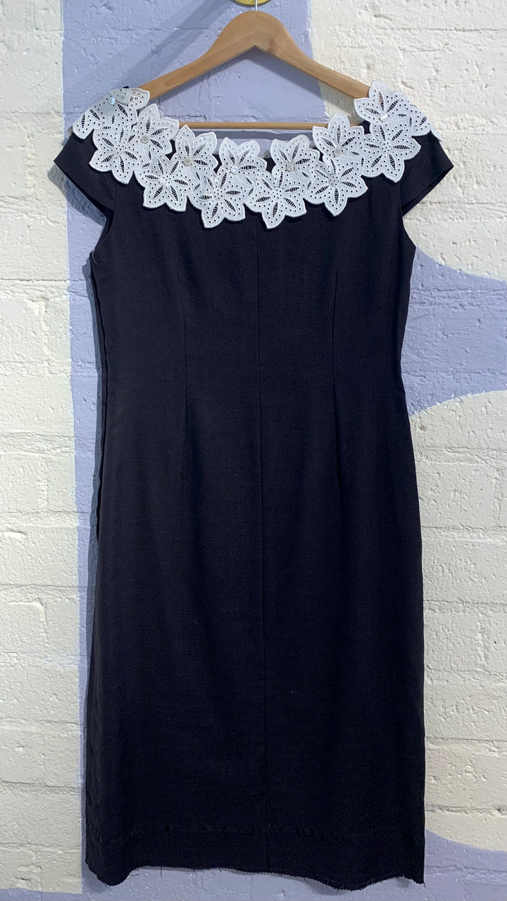 Vintage Black Floral Appliqué Midi Dress