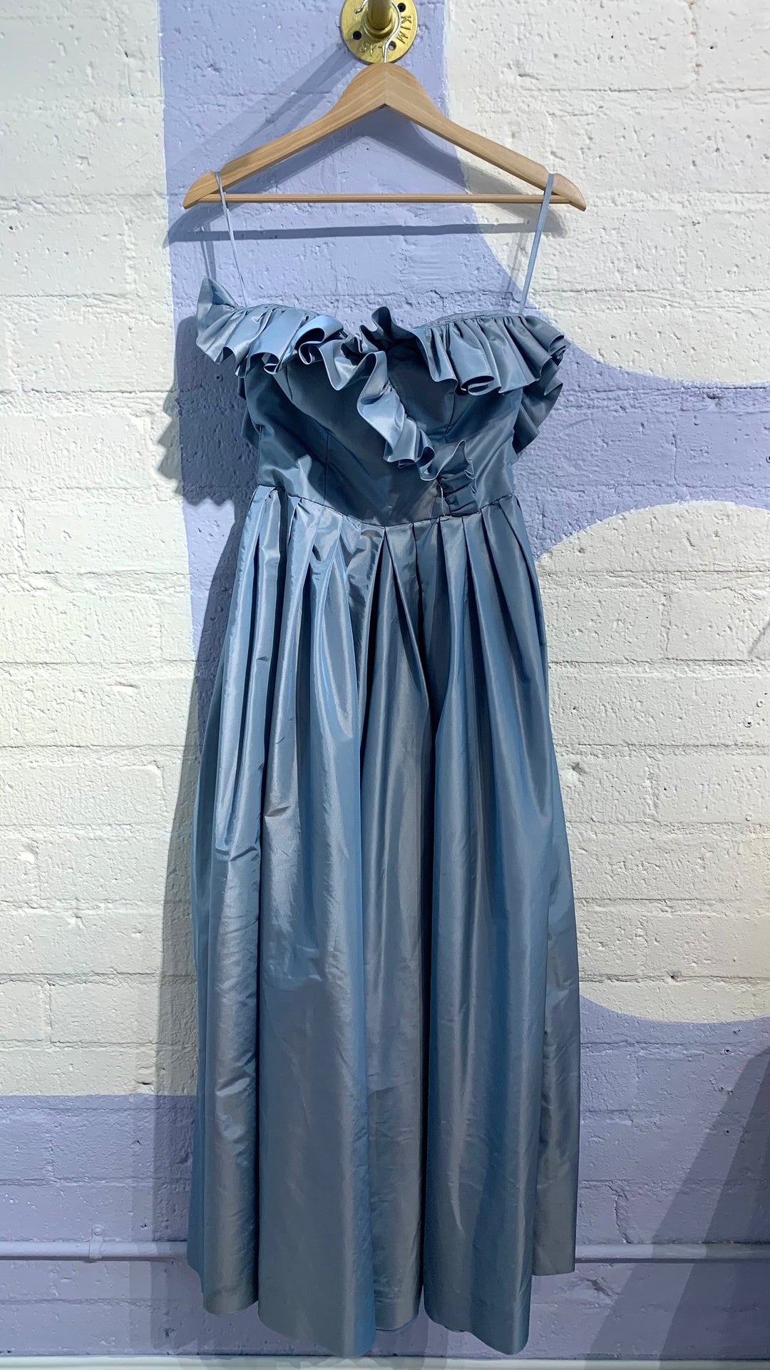 Vintage Blue Ruffled Strapless Evening Gown