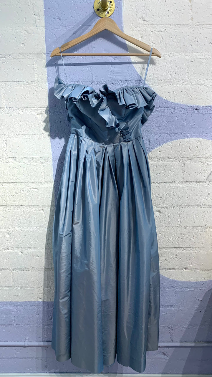 Vintage Blue Ruffled Strapless Evening Gown